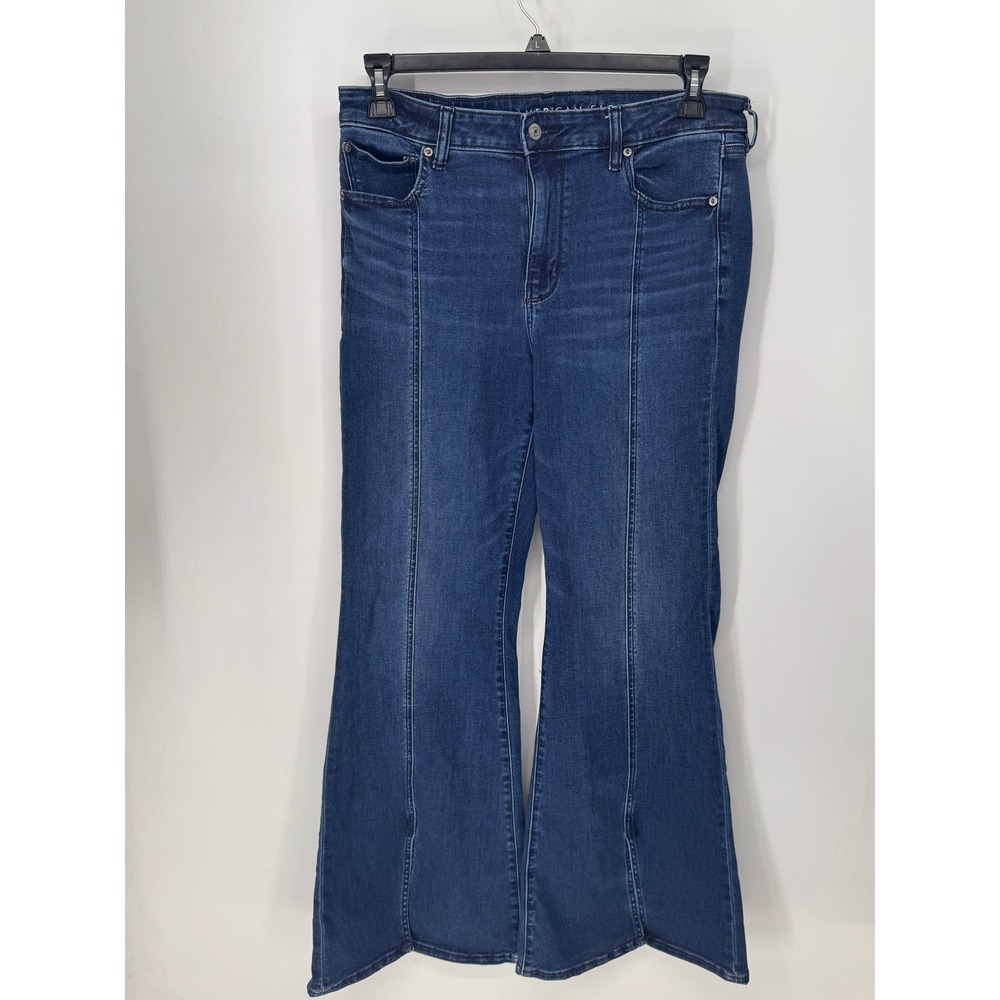 American Eagle Jeans Women 14 Blue Festival Flare High Rise Front Seam Stretch